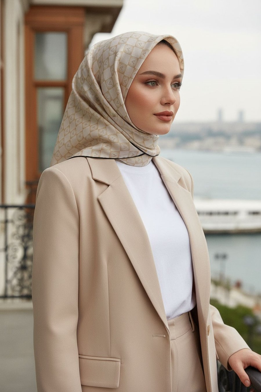 %100 Twill İpek Monogram Desenli Krem - Siyah Renkli 90x90 Eşarp Dikim Şekli : El Dikişi