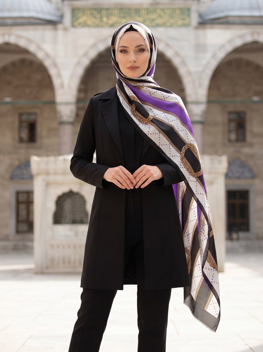 %100 Saf İpek Şal İnce Saten Vual Dokuma Kemer Desenli Mor - Siyah Renkli 90x210 Şal