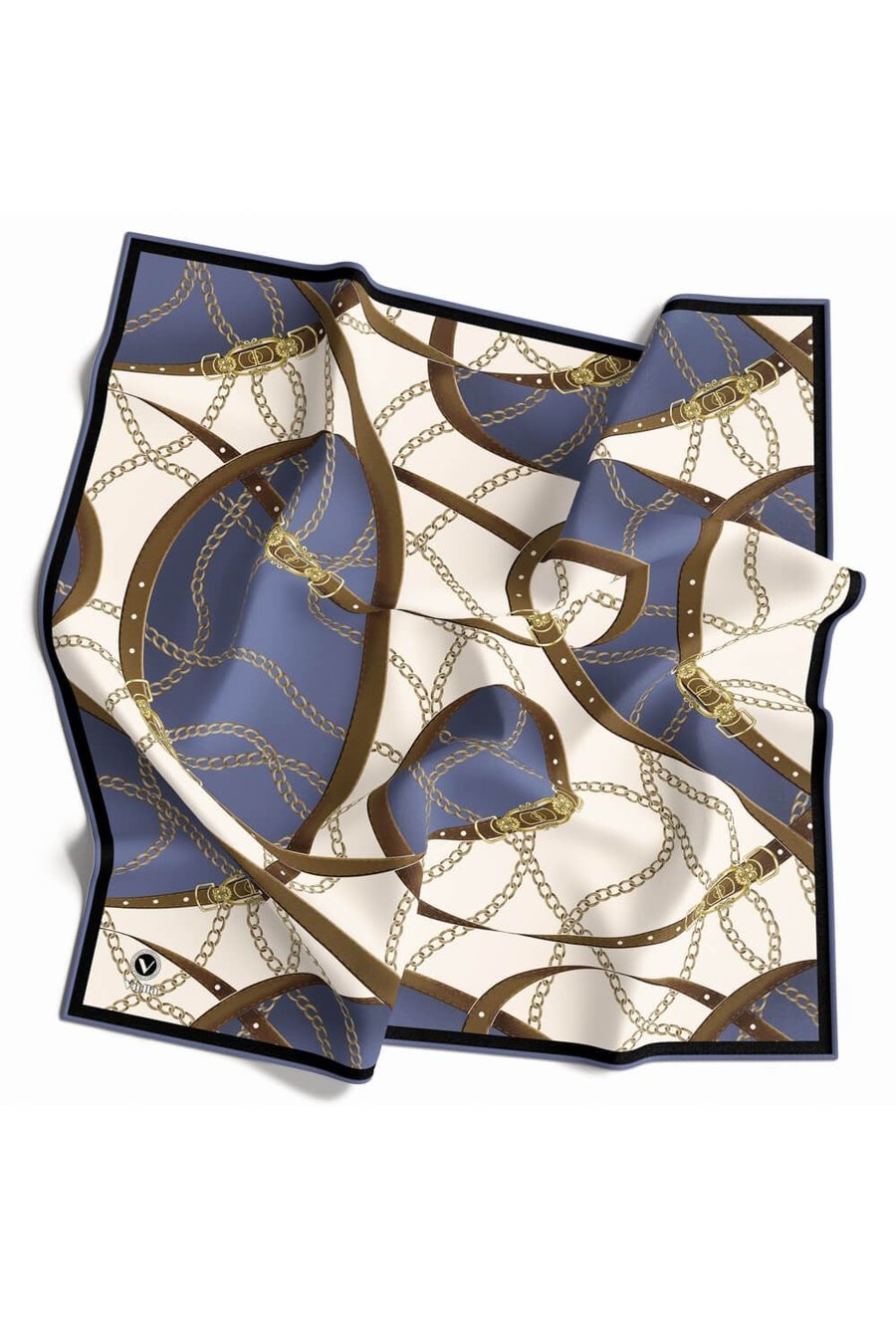 Twill Kemer ve Zincir Desenli İndigo Renkli 90x90 Eşarp (İpek İçermez) Kenar Dikiş Şekli El Dikişli