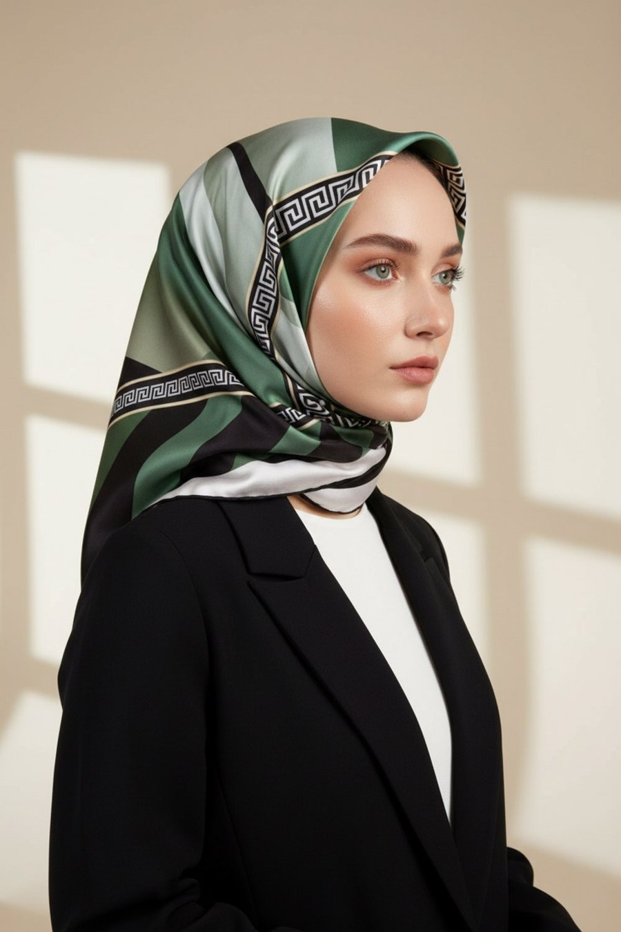 Kristal Geometrik Desenli Haki Renkli 90x90 Dikim Şekli : El Dikişi Eşarp (İpek İçermez)