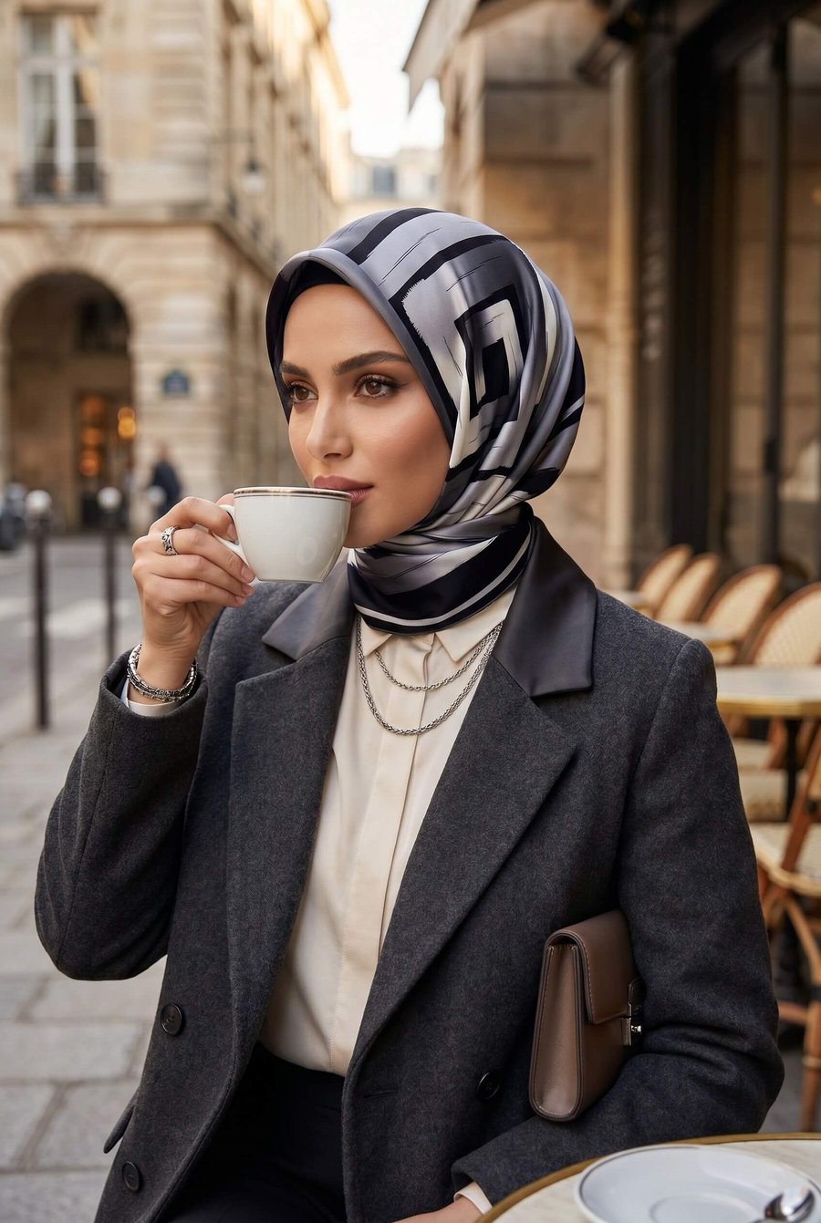 %100 Twill İpek Geometrik Fırça İzi Desenli Siyah - Gri Renkli 90x90 Eşarp Dikim Şekli : El Dikişi