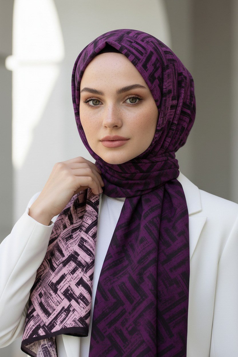 KREP DEGRADELİ ÇİZGİ DESENLİ MOR RENKLİ 75X195 KIRIŞMAZ ŞAL