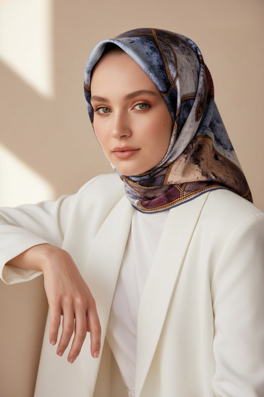% 57 İPEK % 43 VİSKON Twill İpek Zincirli Mermer Desenli Bebe Mavisi - Pudra Renkli 90x90 Eşarp Dikim Şekli : El Dikişi
