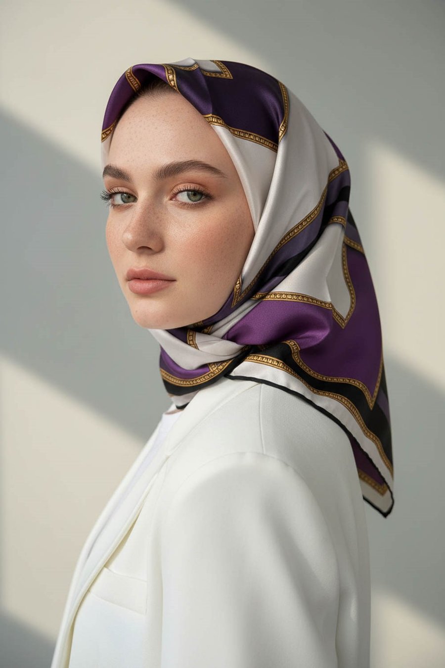 %100 Twill İpek Geometrik Desenli Leylak - Mor Renkli 90x90 Eşarp Dikim Şekli : El Dikişi