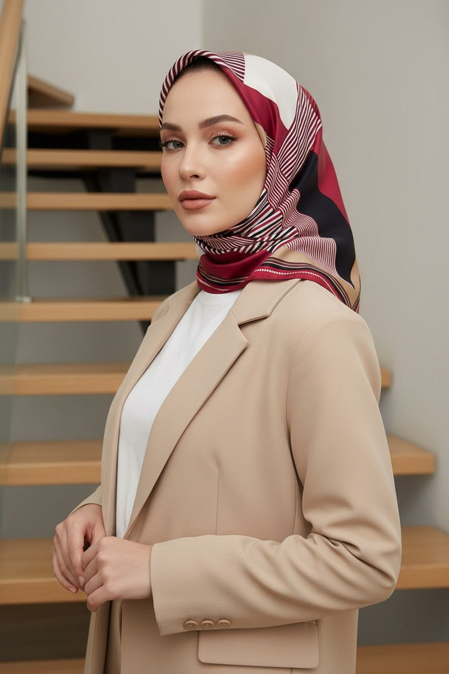 %100 Twill İpek Geometrik Desenli Bordo Renkli 90x90 Eşarp Dikim Şekli : El Dikişi