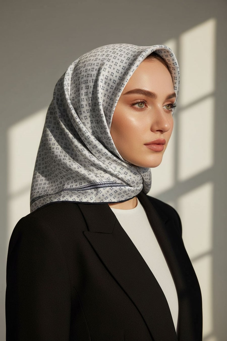 %100 Twill İpek Zincir Desenli Gümüş - Siyah Renkli 90x90 Eşarp Dikim Şekli : El Dikişi
