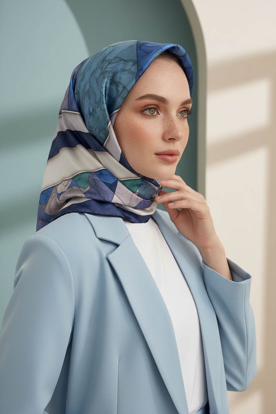 Rayon Geometrik Mermer Desenli Bebe Mavisi Renkli 90x90 Eşarp (İpek İçermez) Kenar Dikiş Şekli El Dikişli