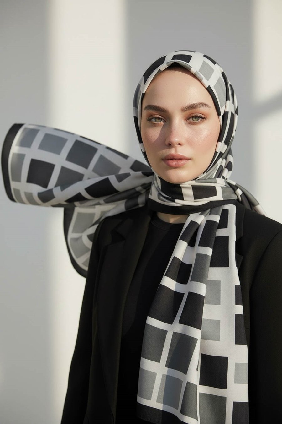 KREP KARE DESENLİ SİYAH RENKLİ 75X195 KIRIŞMAZ ŞAL