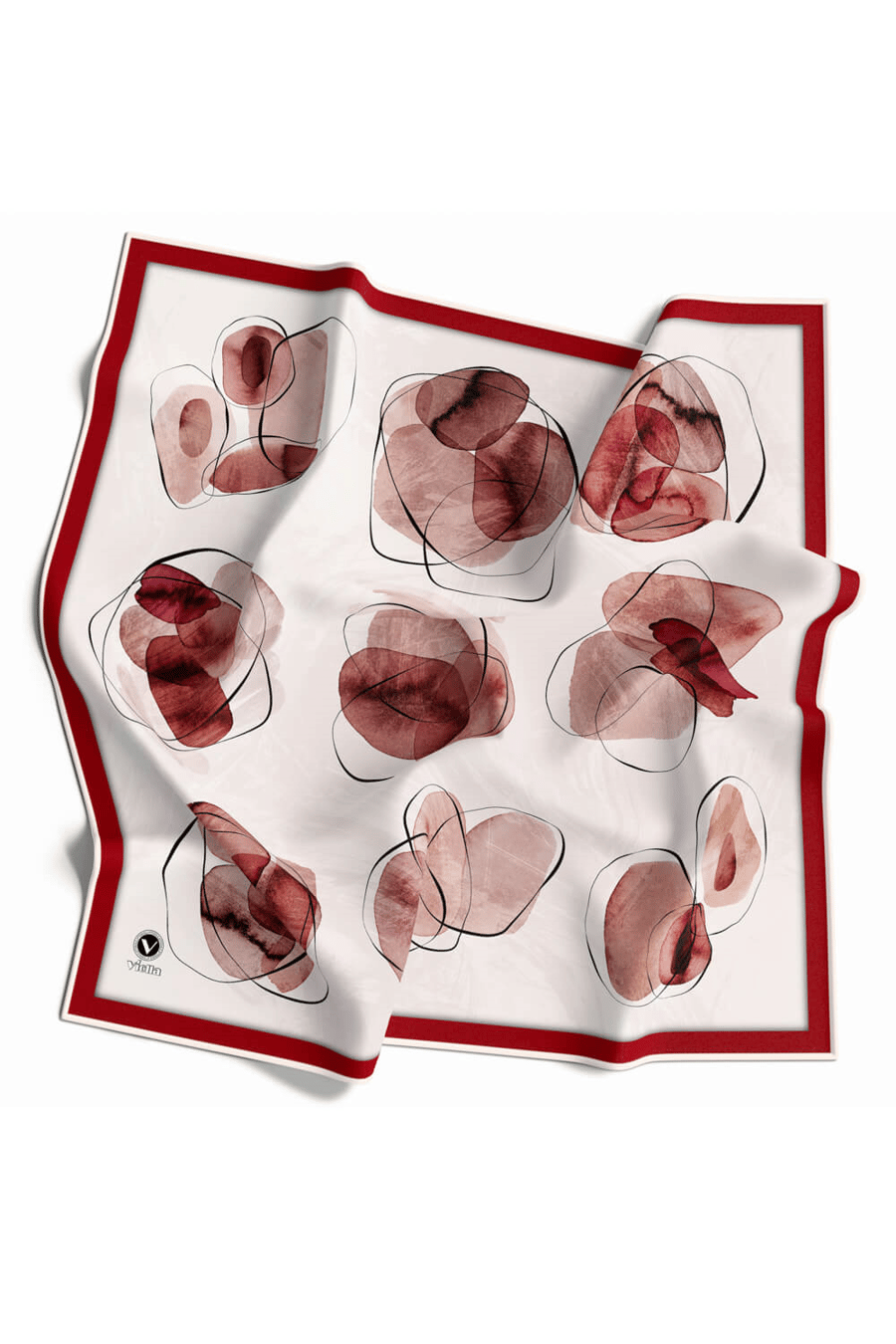 Twill Sulu Boya Geometrik Desenli Bordo Renkli 90x90 Eşarp (İpek İçermez) Kenar Dikiş Şekli El Dikişli