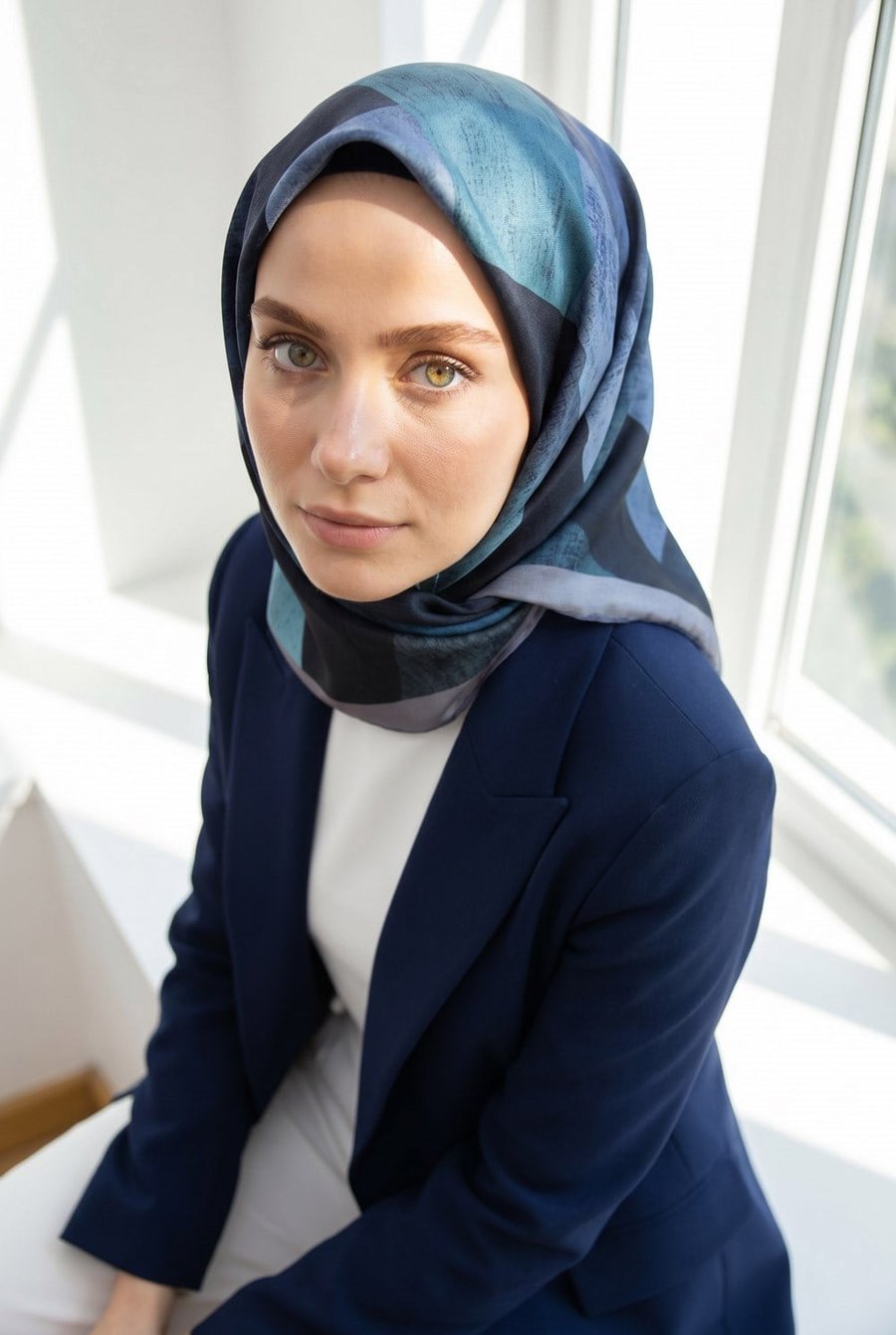 %100 Twill İpek Geometrik Desenli Cam Göbeği - Gri Renkli 90x90 Eşarp Dikim Şekli : El Dikişi