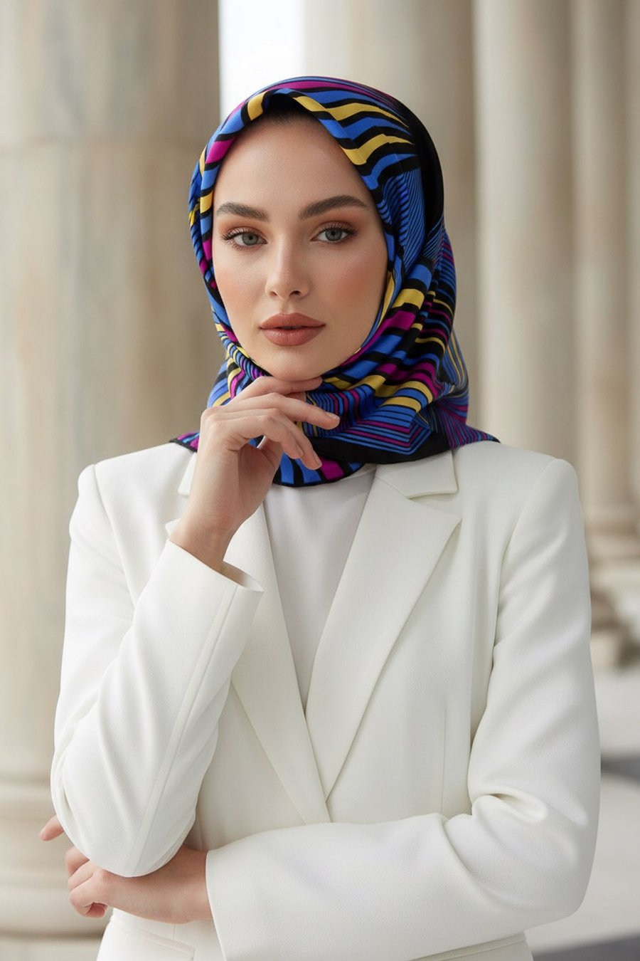 %100 Twill İpek Okyanus Dalgası Desenli İndigo - Fuşya Renkli 90x90 Eşarp Kenar Dikiş Şekli El Dikişli