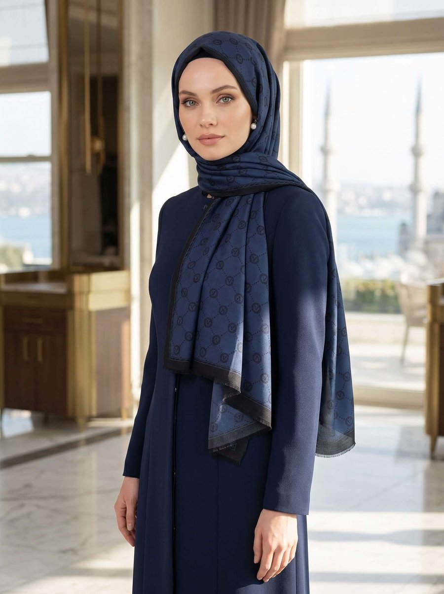 %100 Saf İpek Şal İnce Saten Vual Dokuma V Logo Desenli Lacivert - Siyah Renkli 90x210 Şal