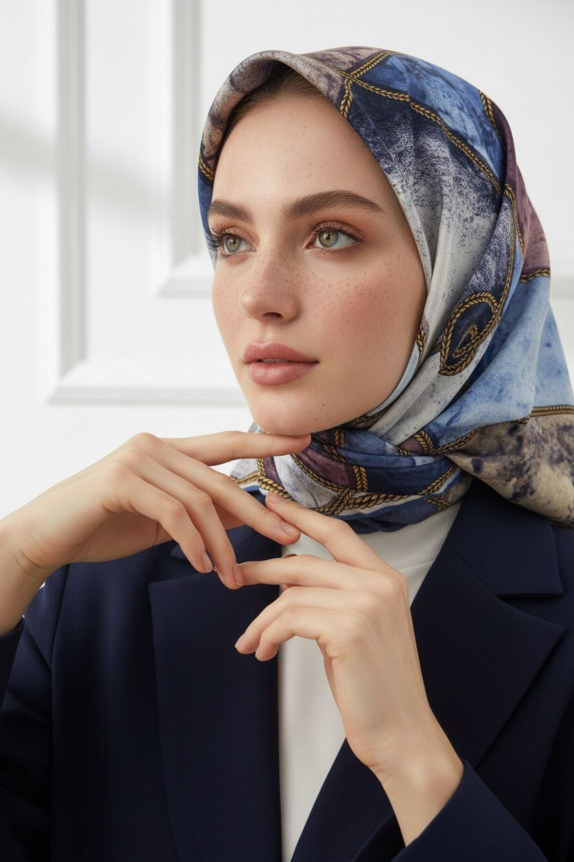 %100 Twill İpek Zincirli Mermer Desenli Bebe Mavisi - Pudra Renkli 90x90 Eşarp Dikim Şekli : El Dikişi