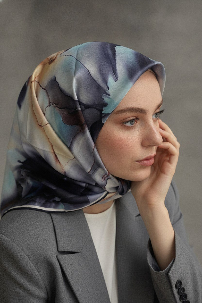 % 57 İPEK % 43 VİSKON Twill İpek Batik Çiçek Desenli Gri - Bebe Mavisi Renkli 90x90 Eşarp Kenar Dikiş Şekli El Dikişli