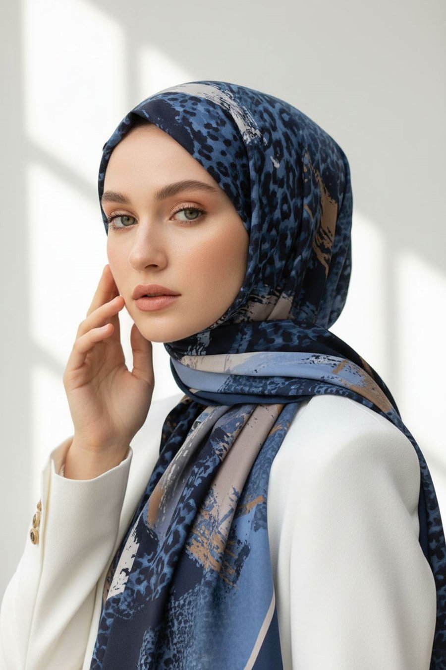 KREP LEOPAR DESENLİ İNDİGO - BEJ RENKLİ 75X195 KIRIŞMAZ ŞAL
