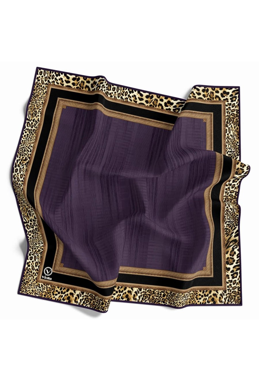 Soft Leopar Bordür Desenli Mor Renkli 90x90 Eşarp (İpek İçermez) Kenar Dikiş Şekli El Dikişli