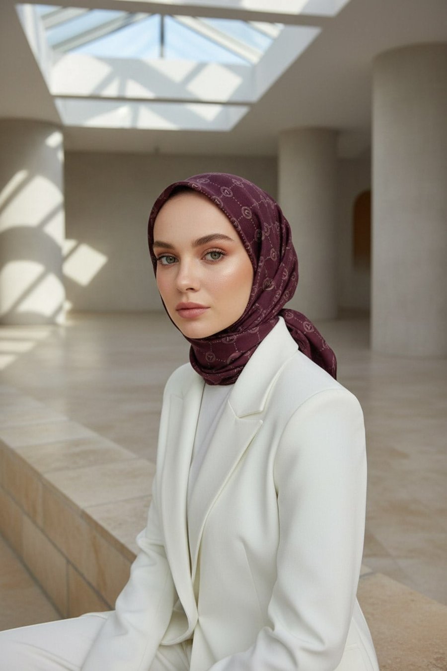 %100 Twill İpek Monogram Desenli Şarabi Renkli 90x90 Eşarp Dikim Şekli : El Dikişi