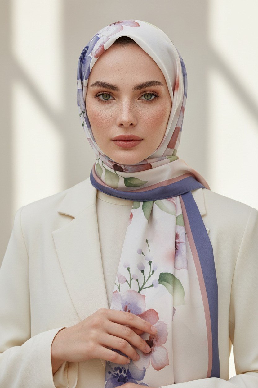 KREP ÇİÇEK DESENLİ İNDİGO RENKLİ 75X195 KIRIŞMAZ ŞAL