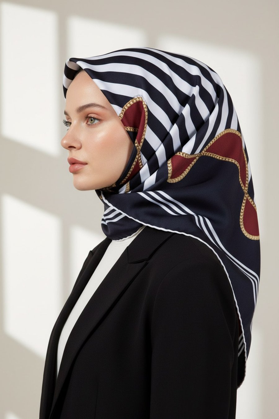 Kristal Geometrik Desenli Siyah - Bordo Renkli 90x90 Eşarp (İpek İçermez) Kenar Dikiş Şekli El Dikişli