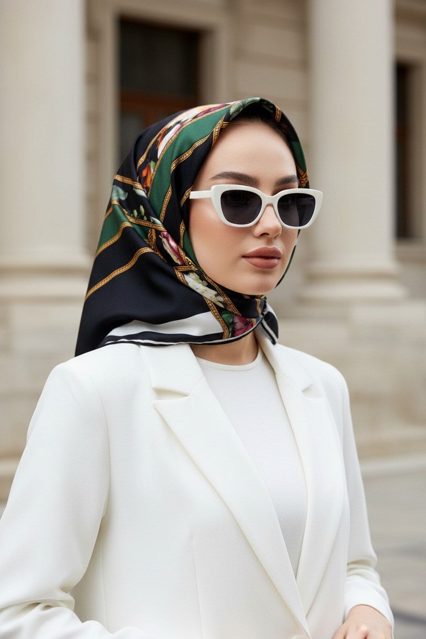 % 57 İPEK % 43 VİSKON Twill İpek Şeritleri Kemerli Ve Çiçek Desenli Zümrüt Yeşili - Siyah Renkli 90x90 Eşarp Dikim Şekli : El Dikişi