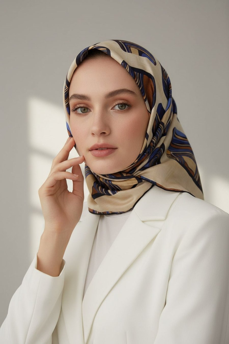 %100 Twill İpek Geometrik Kare Desenli Bej - Lacivert Renkli 90x90 Eşarp Dikim Şekli : El Dikişi