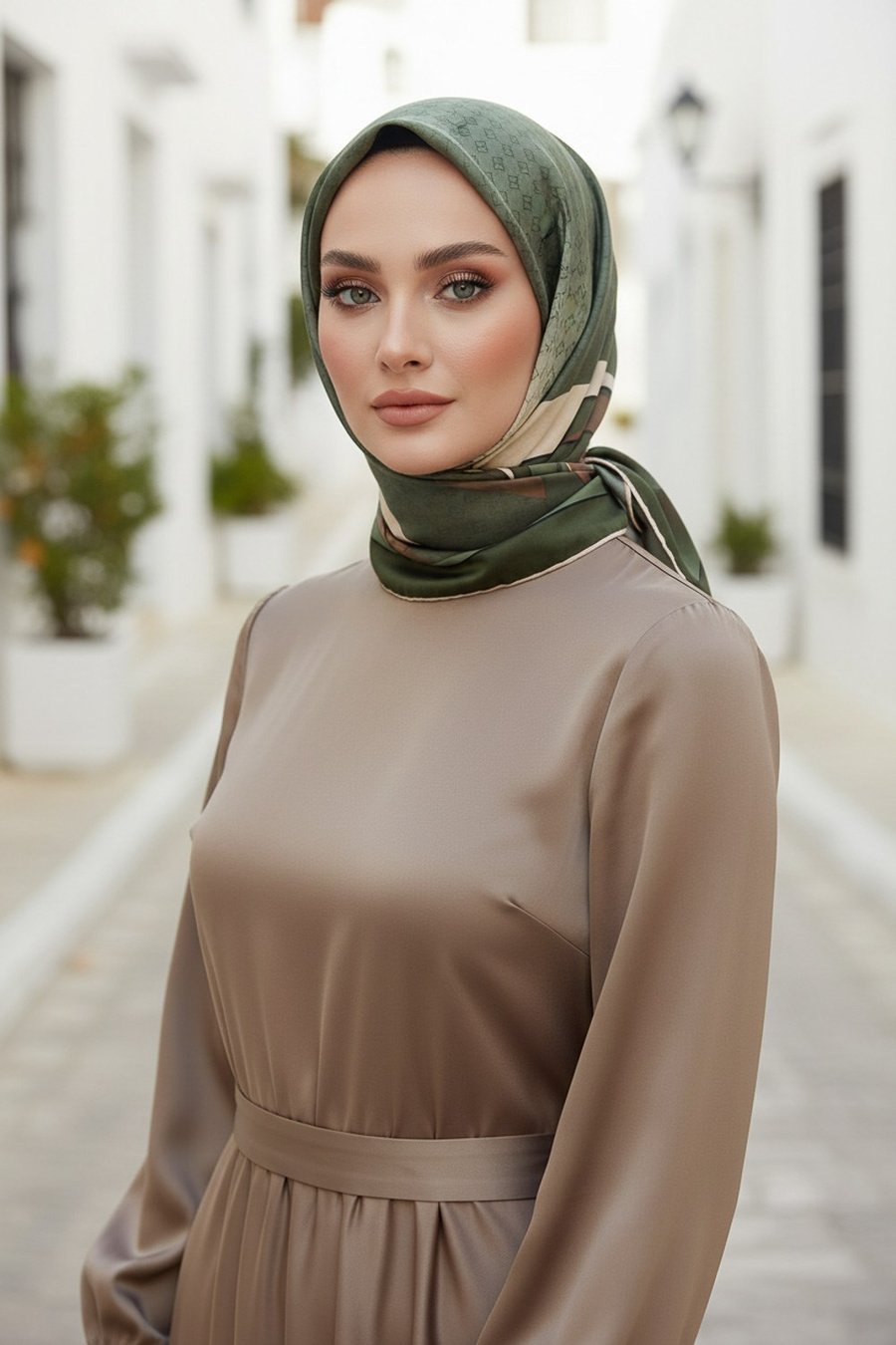 % 57 İPEK % 43 VİSKON Twill İpek Degrade Desenli Haki - Bej Renkli 90x90 Eşarp Dikim Şekli : El Dikişi