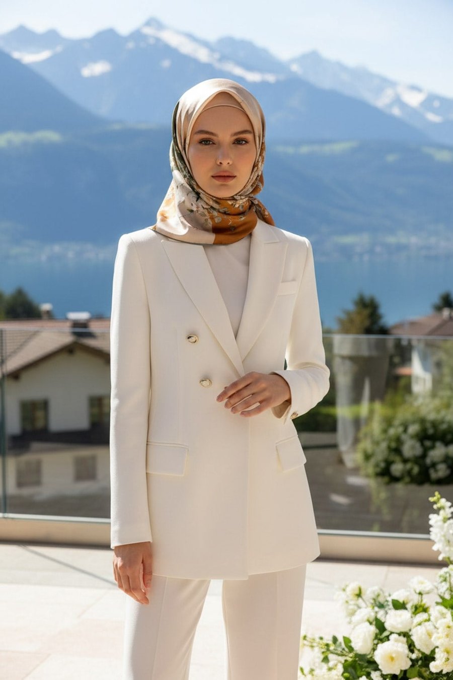 %100 Twill İpek Geometrik Ve Çiçek Desenli Haki - Kiremit Renkli 90x90 Eşarp Dikim Şekli : El Dikişi