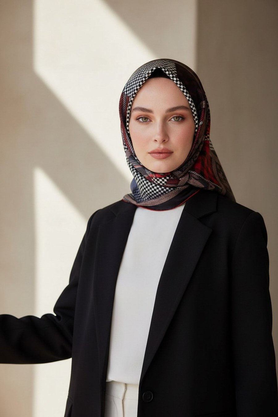 %100 Twill İpek Kazakayaklı Ve Ekose Desenli Siyah - Bordo Renkli 90x90 Eşarp Dikim Şekli : El Dikişi