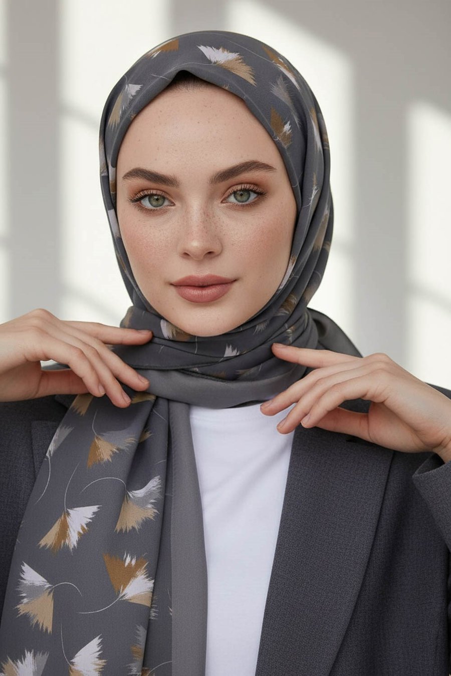 KREP YAPRAK DESENLİ GRİ RENKLİ 75X195 KIRIŞMAZ ŞAL