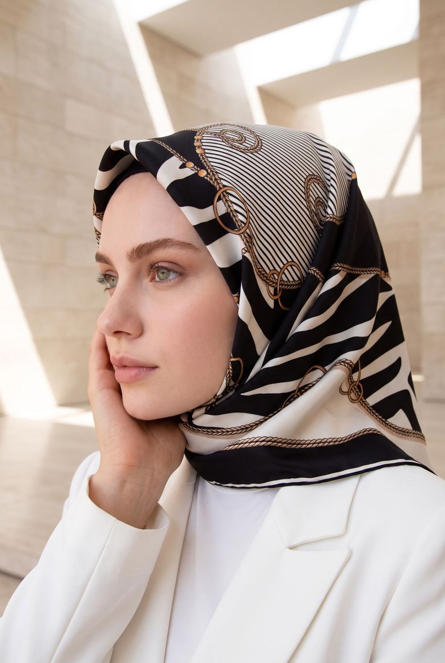 %100 Twill İpek Zincirli Ve Zebra Desenli Krem - Siyah Renkli 90x90 Eşarp Dikim Şekli : El Dikişi