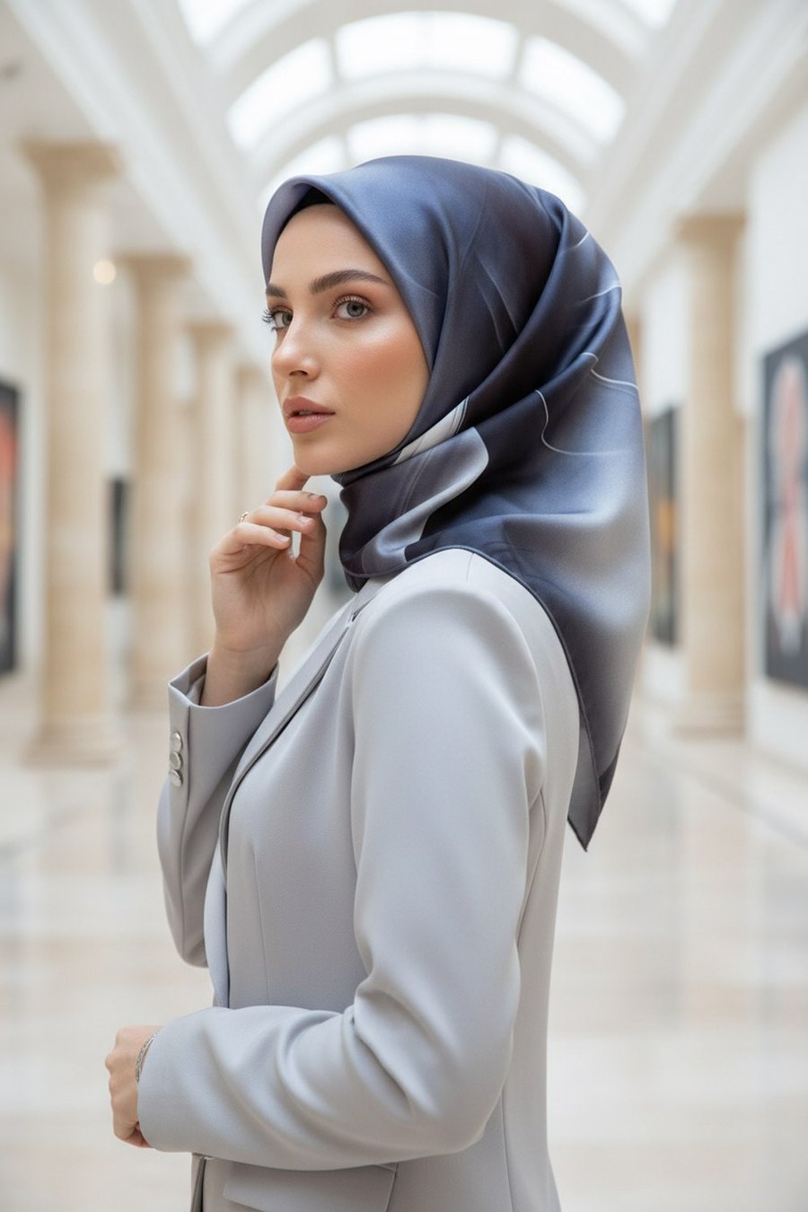 %100 Twill İpek Degrade Duman Gri Renkli 90x90 Eşarp Dikim Şekli : El Dikişi
