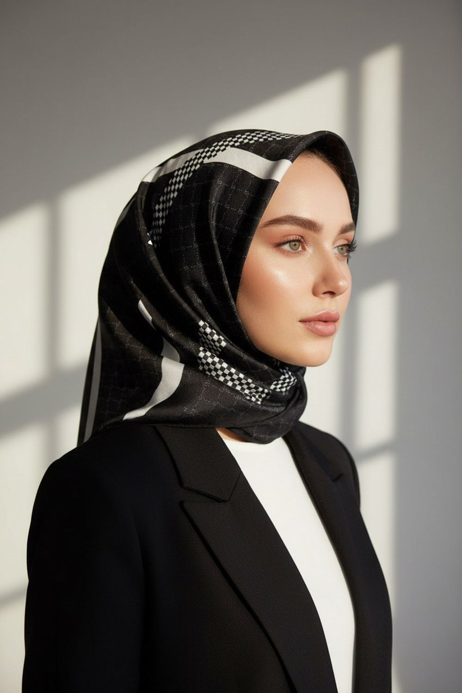 %57 İPEK %43 VİSKON Twill İpek Monogram Ve Şerit Desenli Siyah - Krem Renkli 90x90 Eşarp Dikim Şekli : El Dikişi