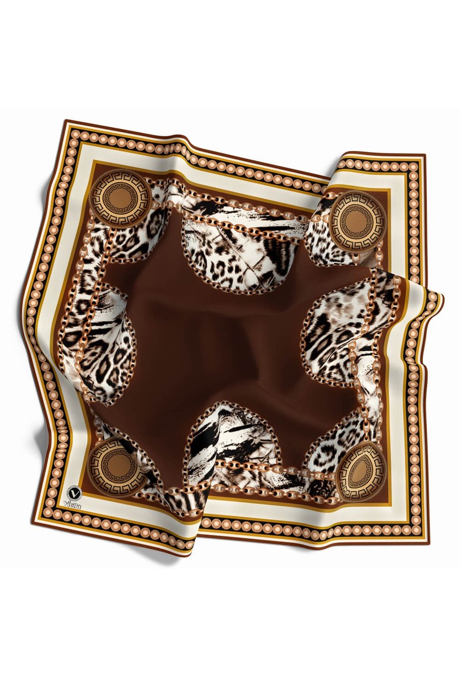 Kristal Zincirli Leopar Desenli Taba Renkli 90x90 Eşarp (İpek İçermez) Kenar Dikiş Şekli El Dikişli