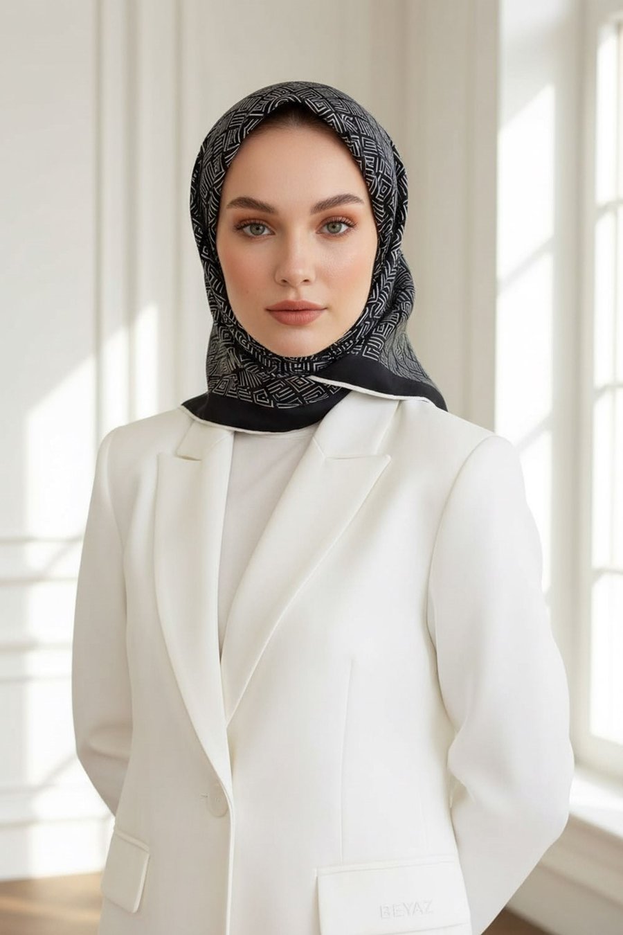 %57 İPEK %43 VİSKON Twill İpek Etnik Motif Desenli Siyah - Krem  Renkli 90x90 Eşarp Dikim Şekli : El Dikişi