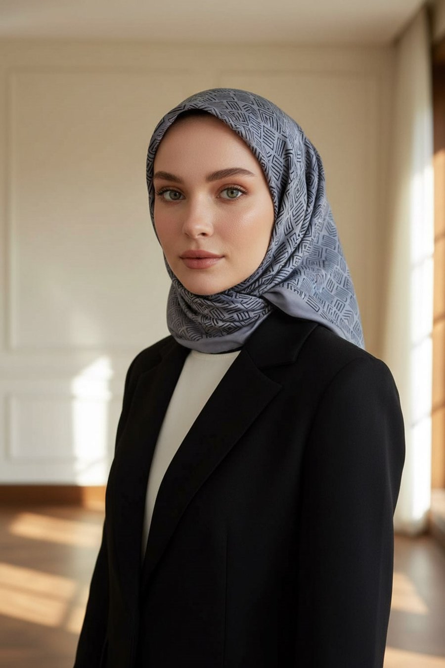 %57 İPEK %43 VİSKON Twill İpek Etnik Motif Desenli Gri - Siyah Renkli 90x90 Eşarp Dikim Şekli : El Dikişi