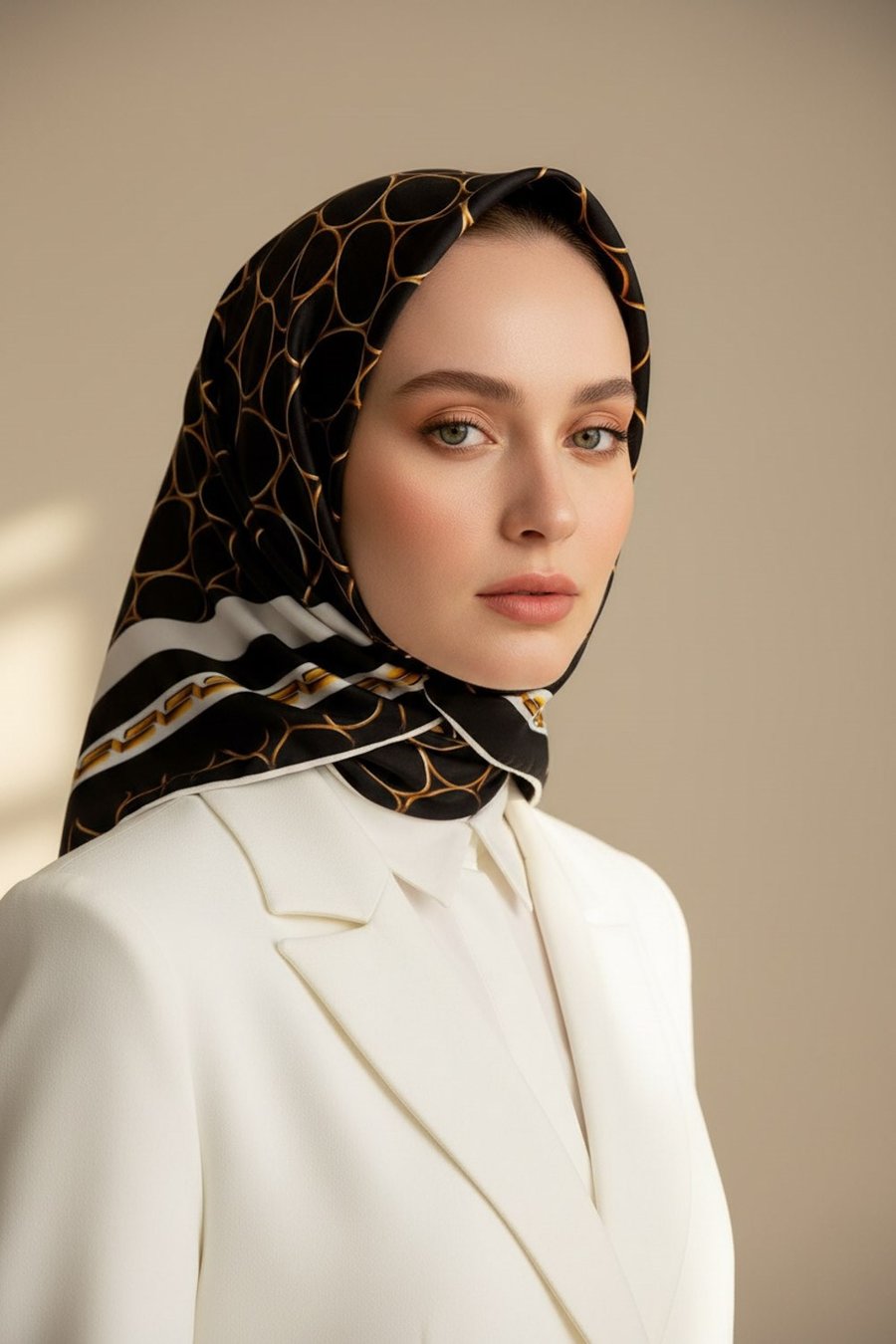 %100 Twill İpek Zincir Desenli Siyah - Krem Renkli 90x90 Eşarp Kenar Dikiş Şekli El Dikişli