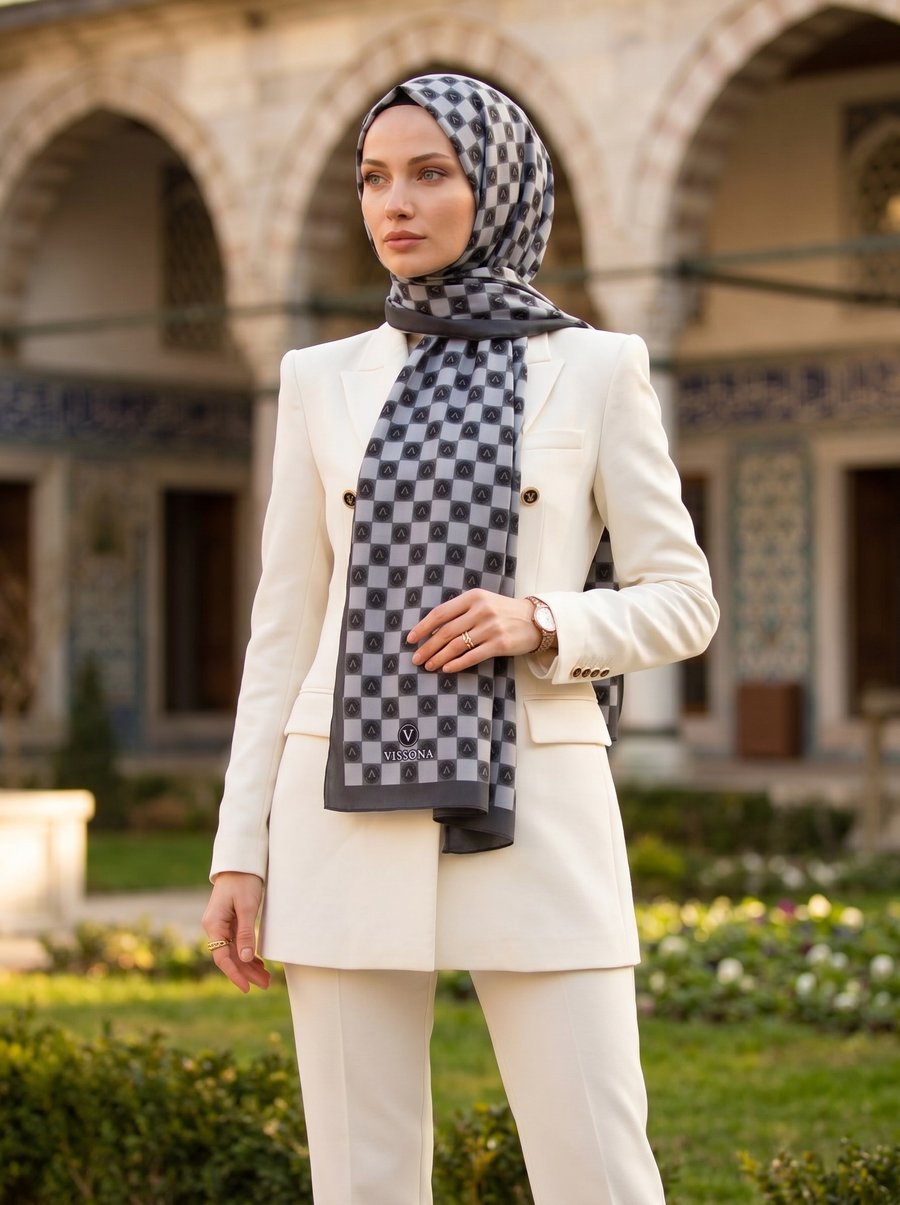 KREP MONOGRAM DESENLİ GRİ RENKLİ 75X195 KIRIŞMAZ ŞAL