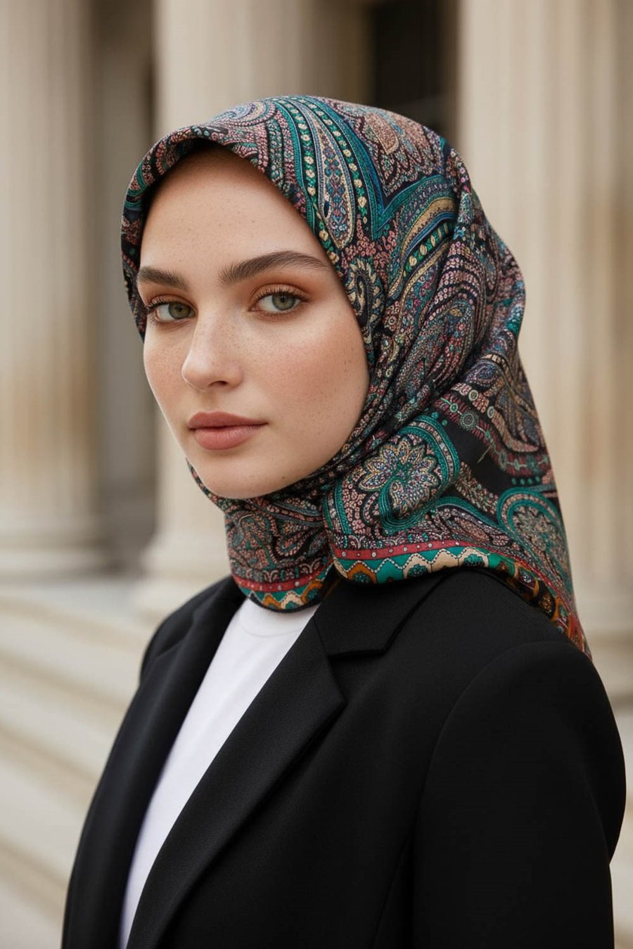 %100 Twill İpek Etro Desenli Siyah - Turkuaz Renkli 90x90 Eşarp Dikim Şekli : El Dikişi