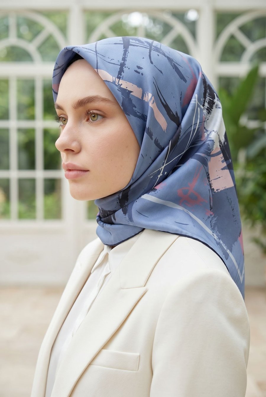 %100 Twill İpek Geometrik Desenli İndigo - Gül Kurusu Renkli 90x90 Eşarp Dikim Şekli : El Dikişi