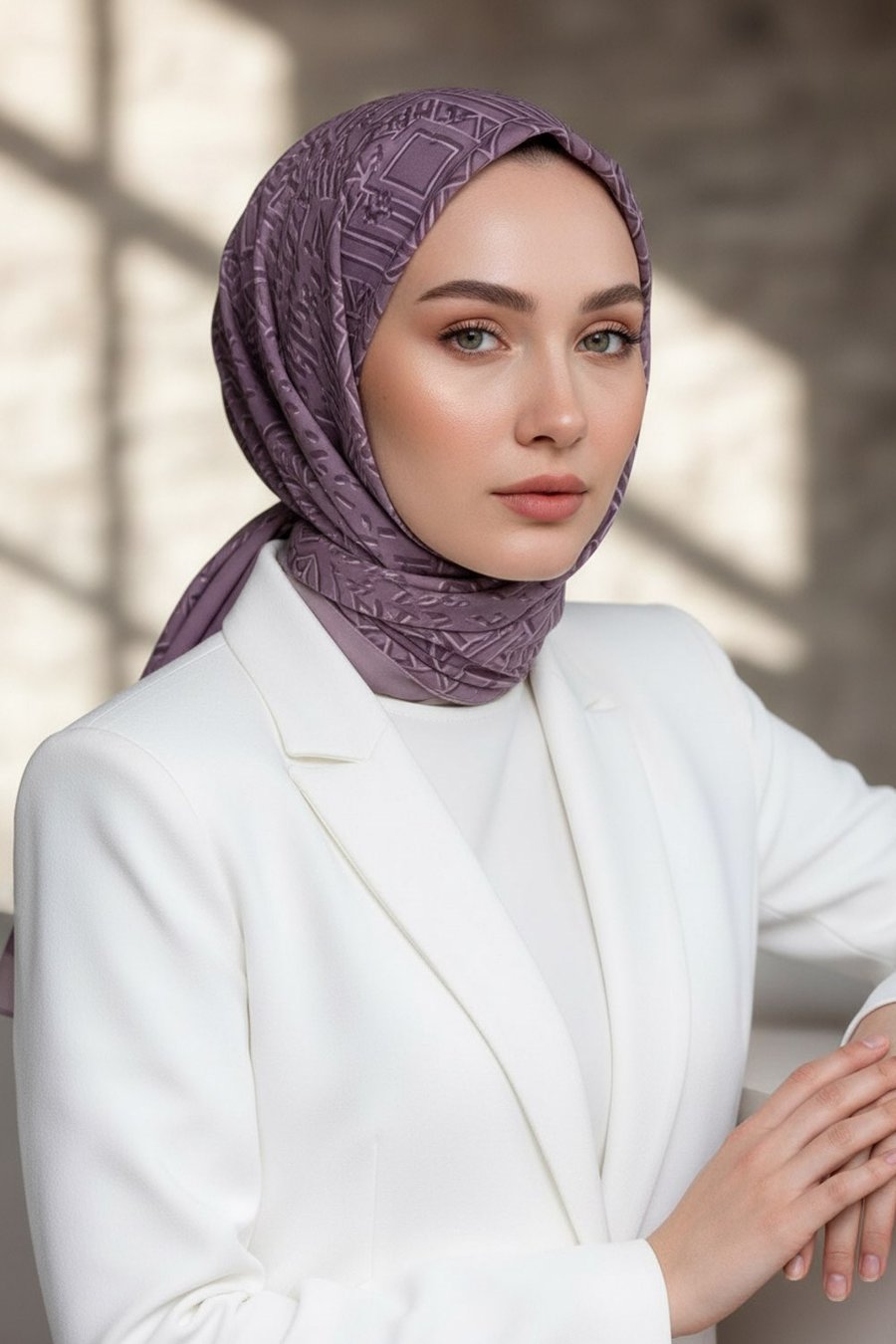 KREP GEOMETRİK DESENLİ GÜL KURUSU - PUDRA RENKLİ 75X195 KIRIŞMAZ ŞAL
