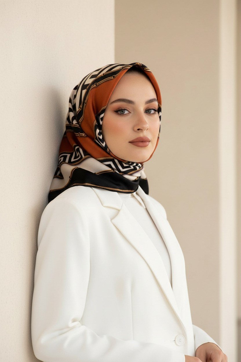 % 57 İPEK % 43 VİSKON Twill İpek Labirent Ve Geometrik Desenli Taba - Siyah Renkli 90x90 Eşarp Dikim Şekli : El Dikişi