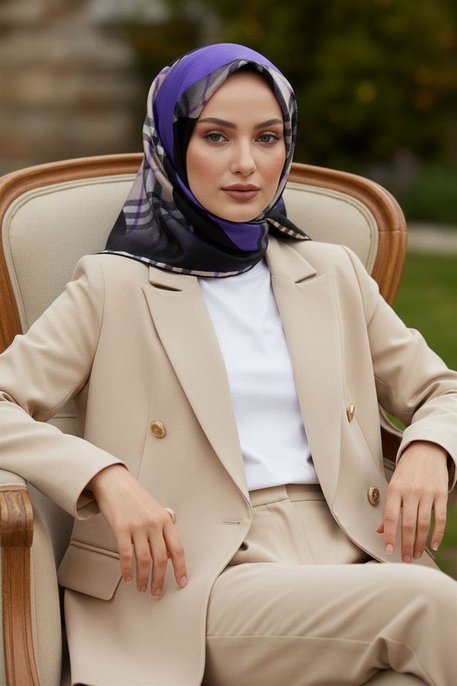 %100 Twill İpek Eşarp 90x90 Mor Siyah Ekose Desenli El Dikişli Kadın Eşarp