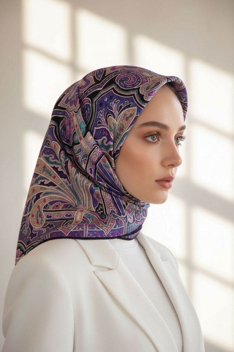 100% Twill İpek Etnik Desenli Mor - Petrol Yeşili Renkli 90x90 Dikim Şekli : El Dikişi Eşarp