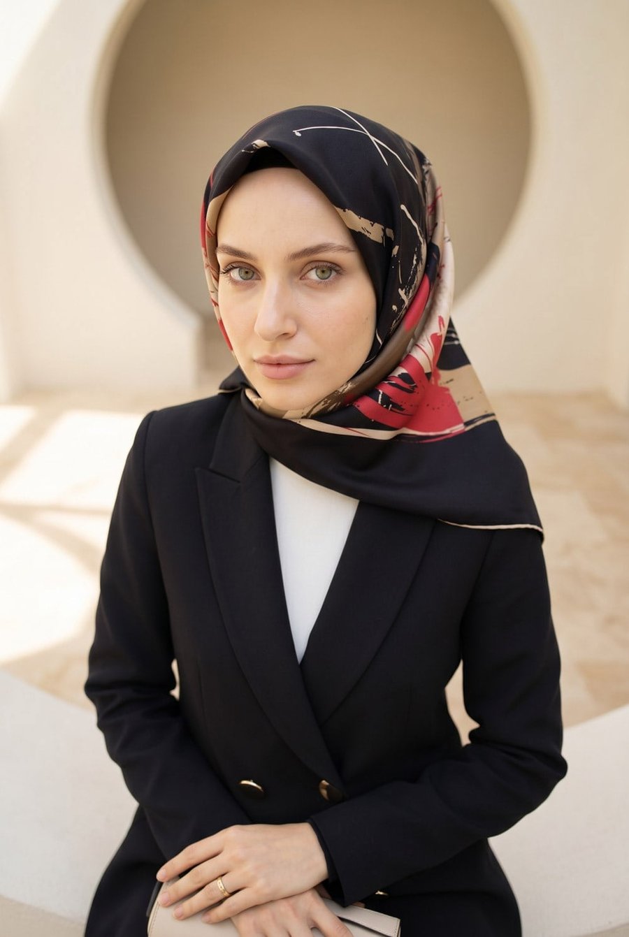 %100 Twill İpek Geometrik Desenli Siyah - Kırmızı Renkli 90x90 Eşarp Dikim Şekli : El Dikişi
