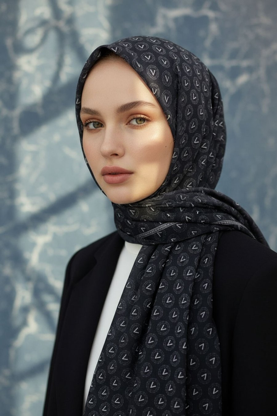 KREP MONOGRAM DESENLİ SİYAH - GRİ RENKLİ 75X195 KIRIŞMAZ ŞAL
