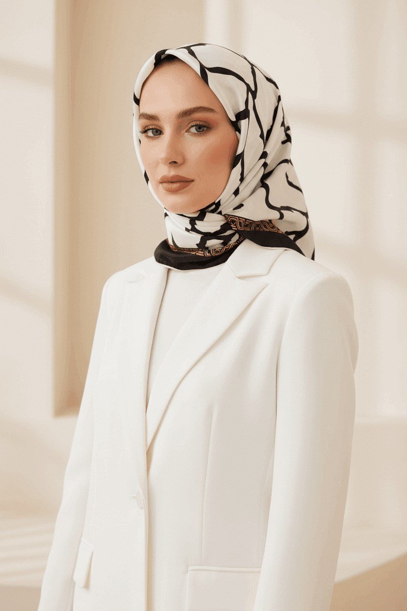 % 57 İPEK % 43 VİSKON Twill Taş Desenli Krem - Siyah Renkli 90x90 Eşarp Dikim Şekli: El Dikişi