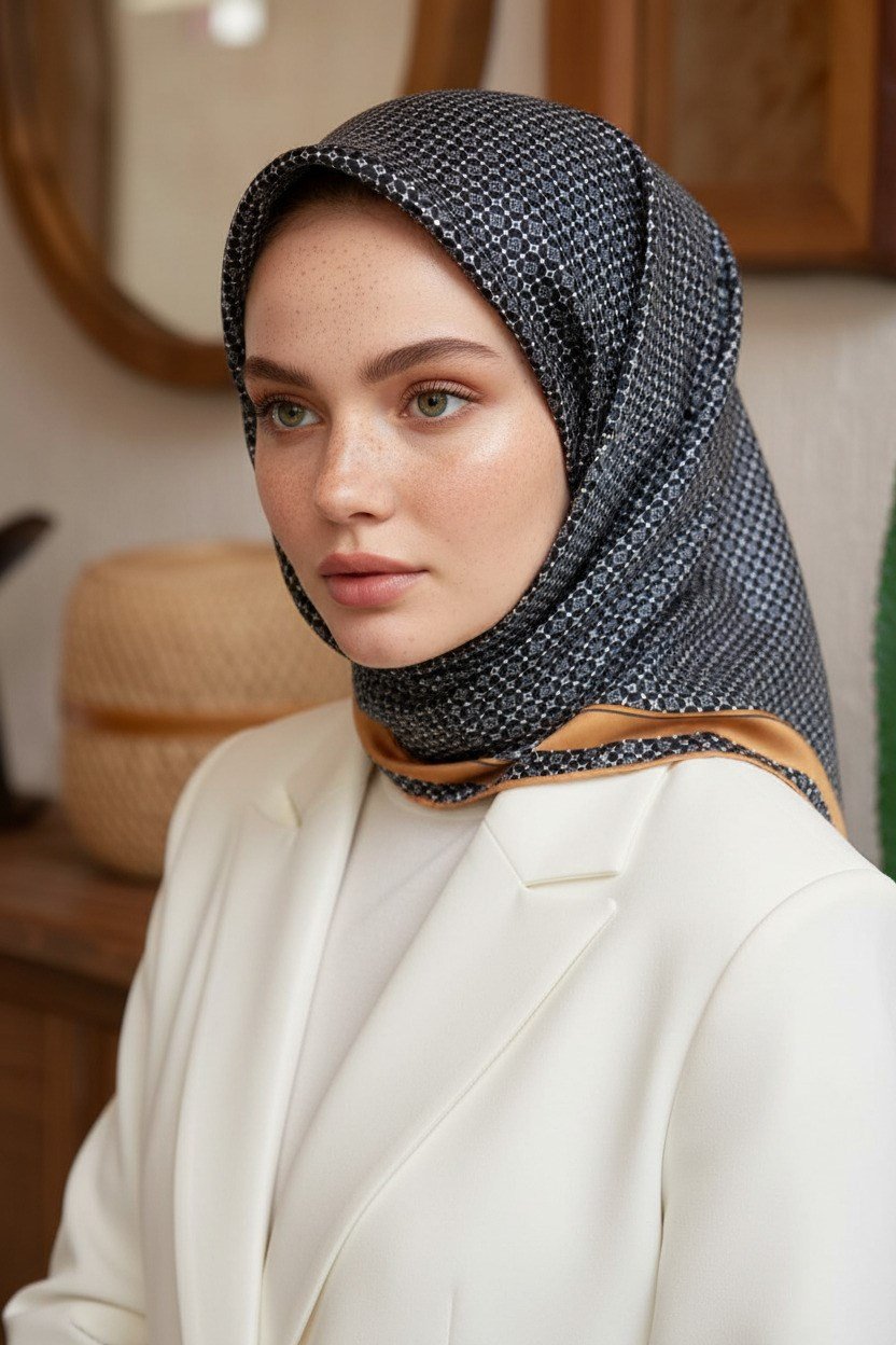 %100 Twill İpek Minik Motif Desenli Siyah - Gold Renkli 90x90 Eşarp Dikim Şekli : El Dikişi