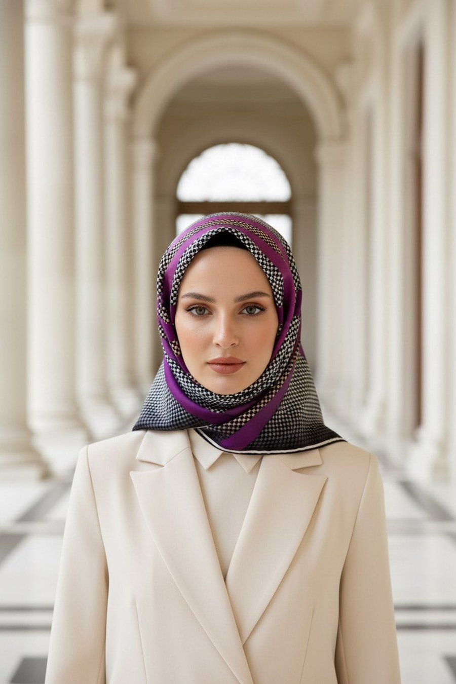 %100 Twill İpek Kazayağı Desenli Krem - Mürdüm Renkli 90x90 Eşarp Dikim Şekli : El Dikişi