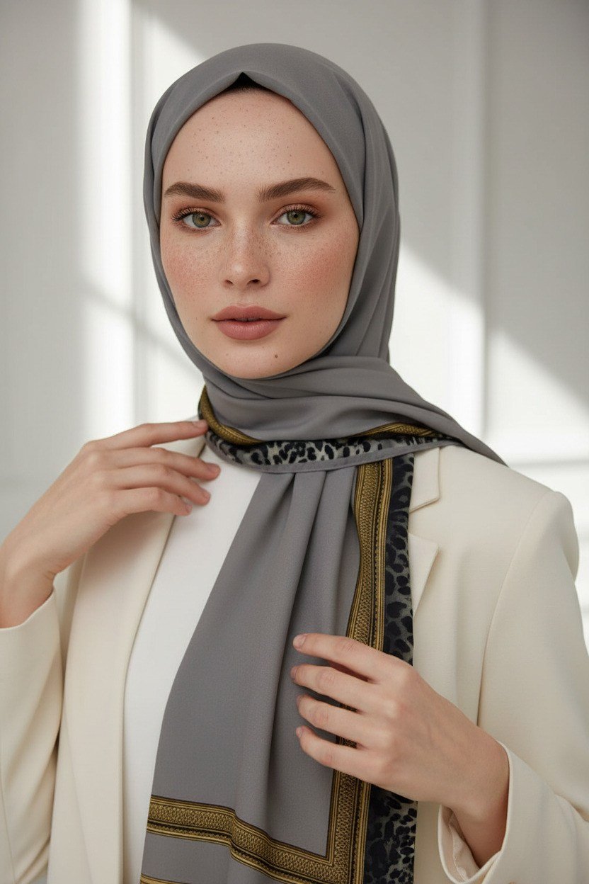 KREP LEOPAR BORDÜR DESENLİ GRİ RENKLİ 75X195 KIRIŞMAZ ŞAL