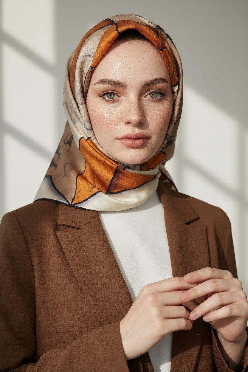 %100 Twill İpek Mermer Desenli Taba - Bej Renkli 90x90 Eşarp Dikim Şekli : El Dikişi